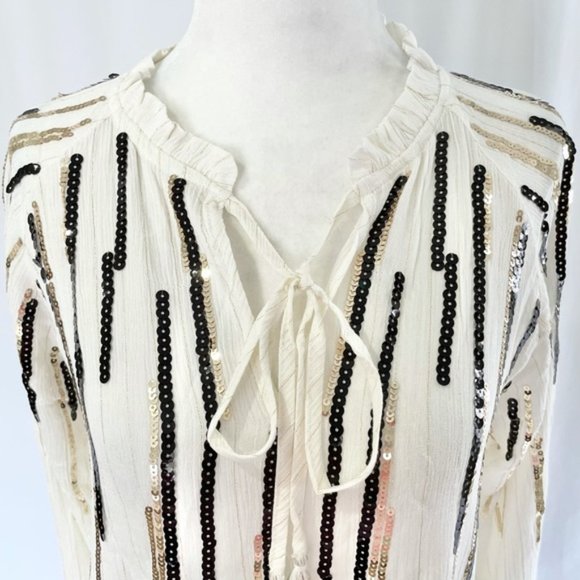 New Free The Roses Sequin Striped Tassel Tie Peasant Top Ivory Black Gold Medium - Picture 3 of 16
